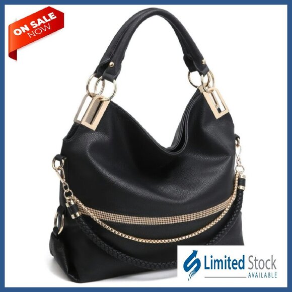 Large Vegan Leather Hobo Tote with Rhinestone Accents Adjustable Strap
